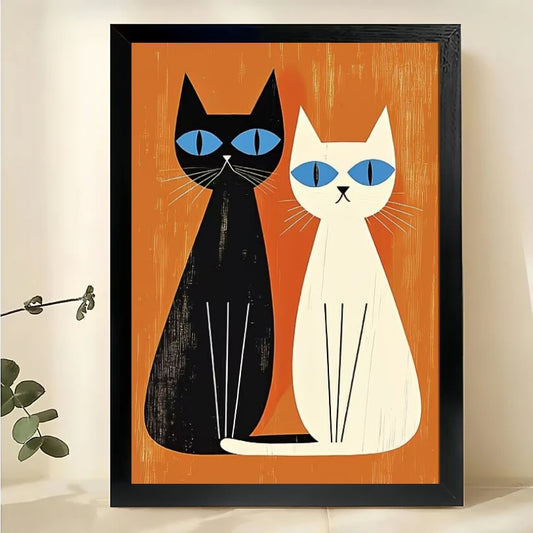 Minimalist Black & White Cats on Orange Geometric Background – Modern Pet Wall Art on Natural Wood Canvas | W728