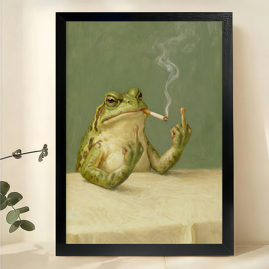 Retro Smoking Frog – Humorous Anthropomorphic Wall Art on Natural Wood Canvas | W808
