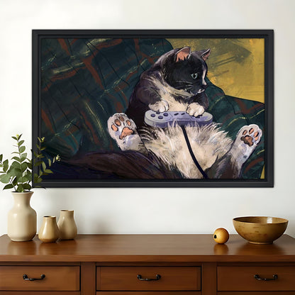 Gamer Black & White Cat – Humorous Video Game Wall Art on Natural Wood Canvas | W940