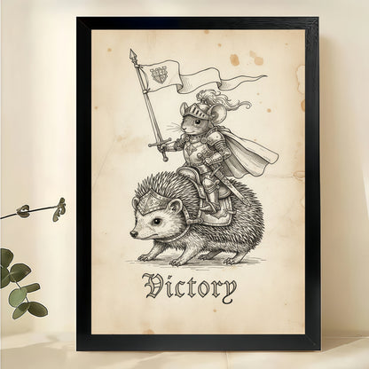 The Hedgehog Knight “Victory” – Vintage Inspirational Sketch Wall Art on Natural Wood Canvas | W633