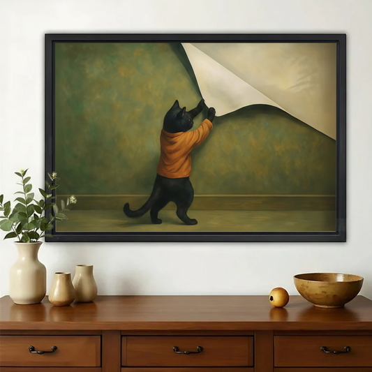 Black Cat Tearing Wall Art – Whimsical Surreal Wall Art on Natural Wood Canvas | W956