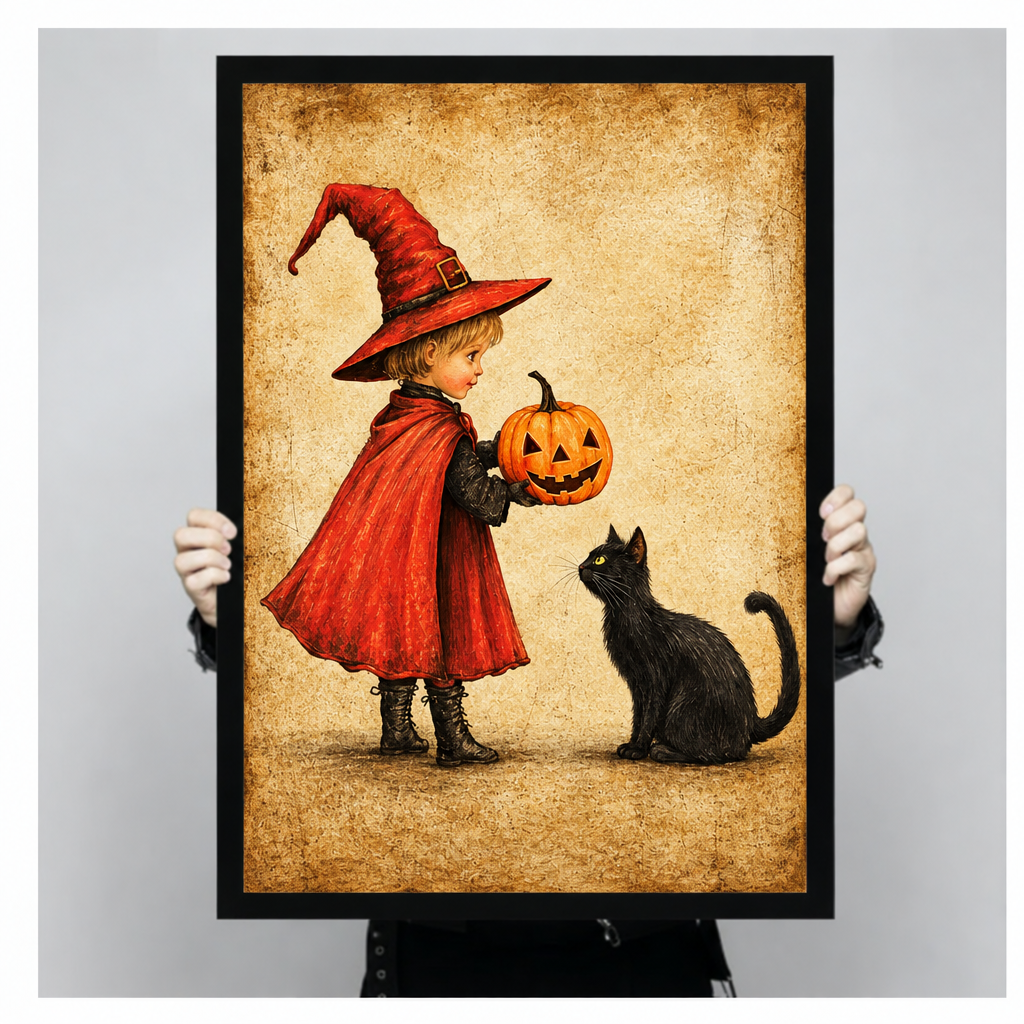 Little witch black cat pumpkin Halloween canvas wall art in a black frame, showing a child in a red witch cape offering a jack-o-lantern to a seated black cat