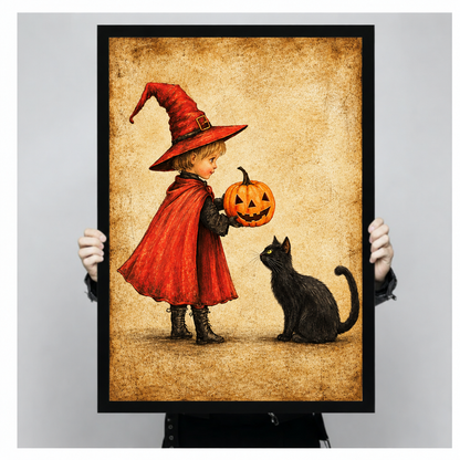 Little witch black cat pumpkin Halloween canvas wall art in a black frame, showing a child in a red witch cape offering a jack-o-lantern to a seated black cat