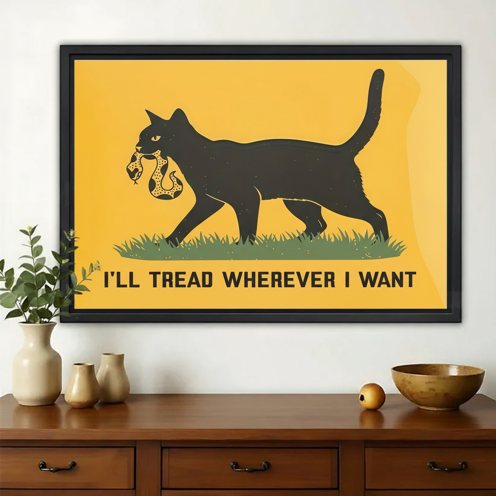 I’ll Tread Wherever I Want  Black Cat with Shoe – Retro Vintage Wall Art on Natural Wood Canvas | W923