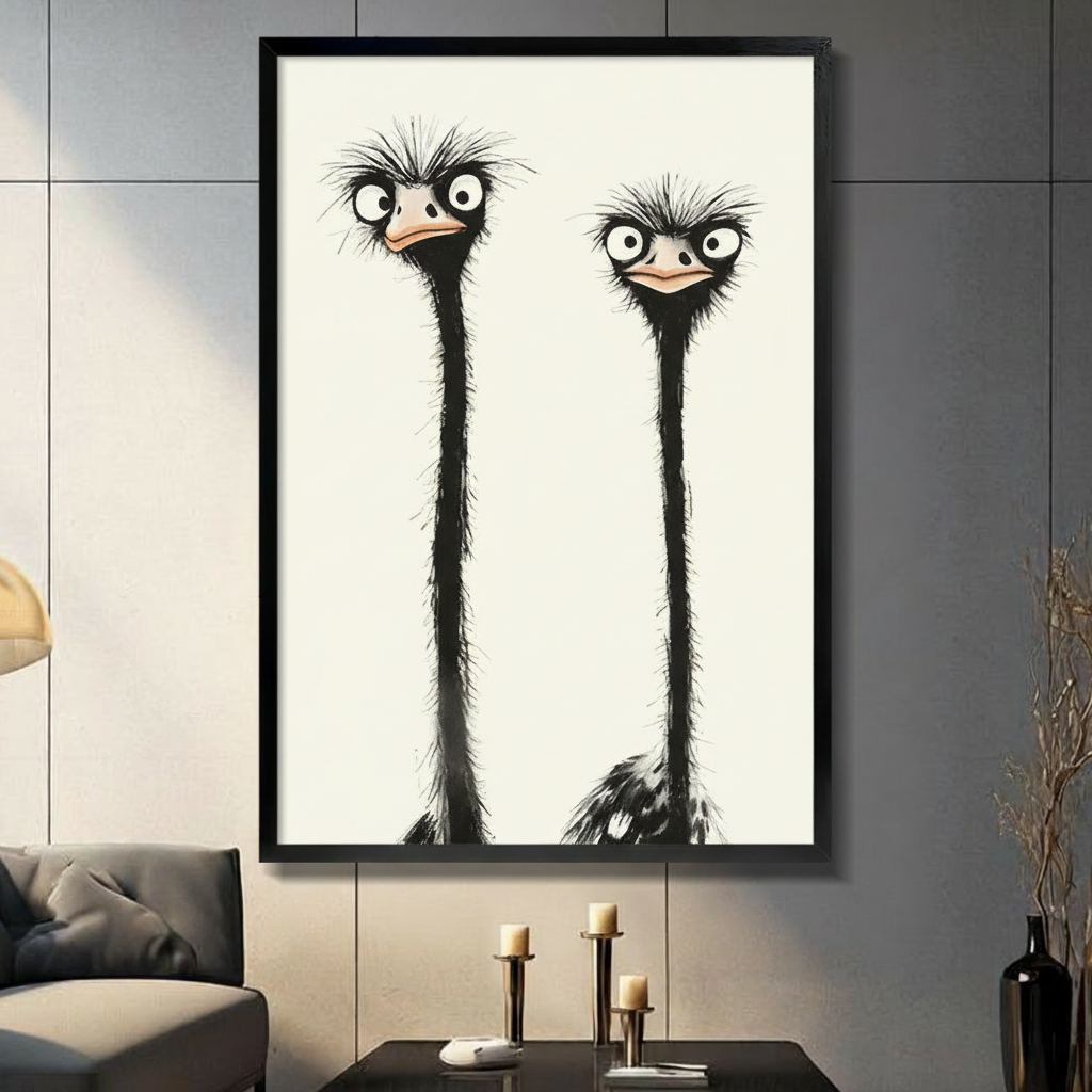 Funny Ostrich Duo Minimalist Ink Canvas Art w6619