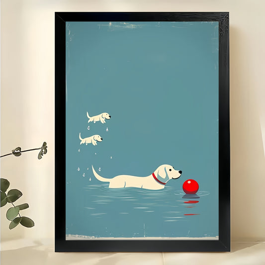 Cute Dog Playing in Swimming Pool – Minimalist Blue Background Wall Art on Natural Wood Canvas | W741