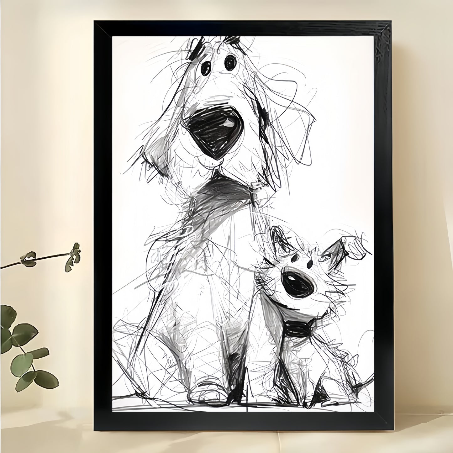 Black & White Sketch Dog Parent & Pup – Whimsical Pet Wall Art on Natural Wood Canvas | W763