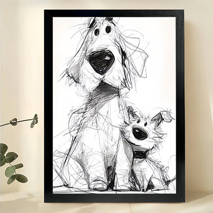 Black & White Sketch Dog Parent & Pup – Whimsical Pet Wall Art on Natural Wood Canvas | W763
