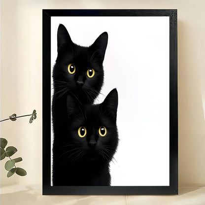 Stacked Black Cats – Minimalist Monochrome Wall Art on Natural Wood Canvas | W801