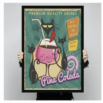 Retro Cat Pina Colada Cocktail Canvas Wall Art w3061
