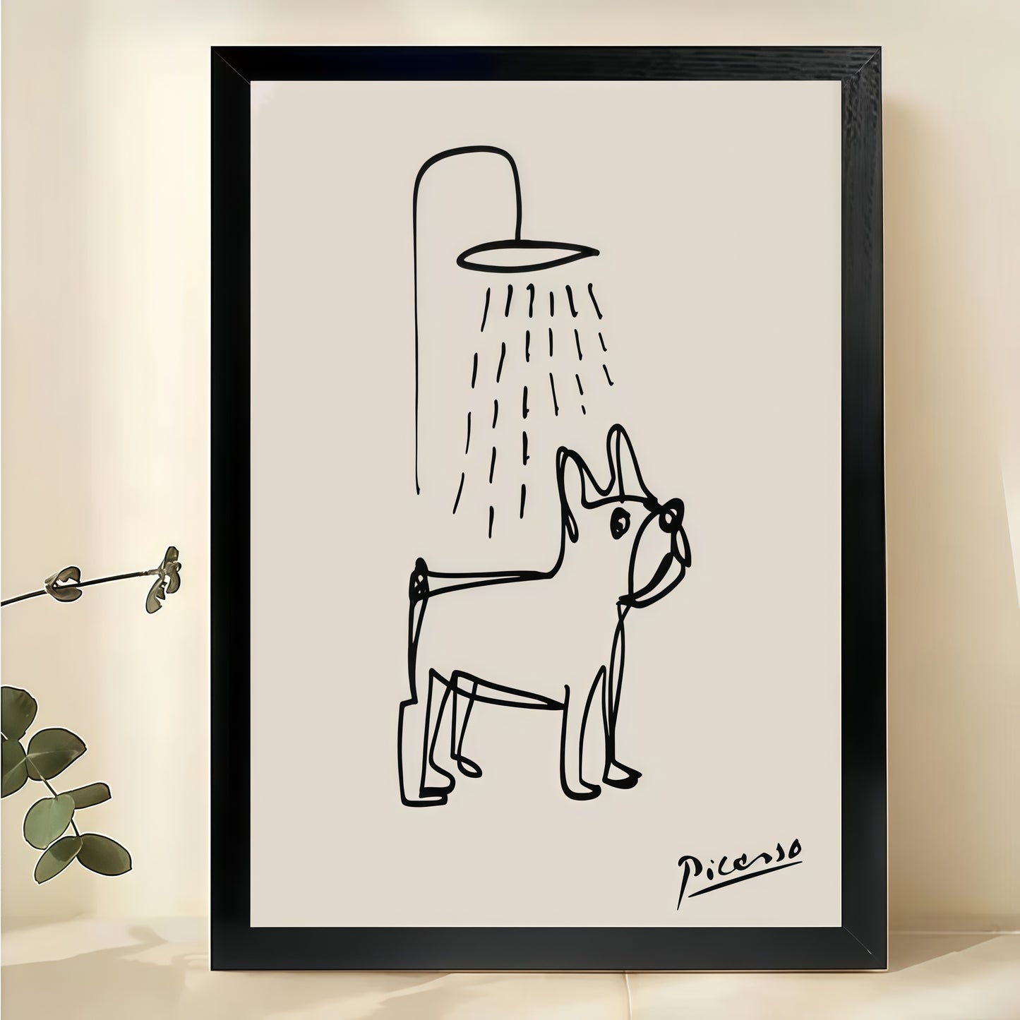Picasso  French Bulldog Showering – Minimalist Bathroom Line Art Wall Art on Natural Wood Canvas | W908