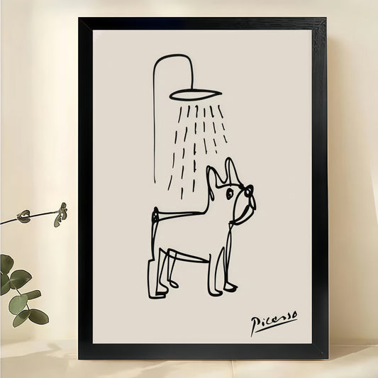 Picasso  French Bulldog Showering – Minimalist Bathroom Line Art Wall Art on Natural Wood Canvas | W908