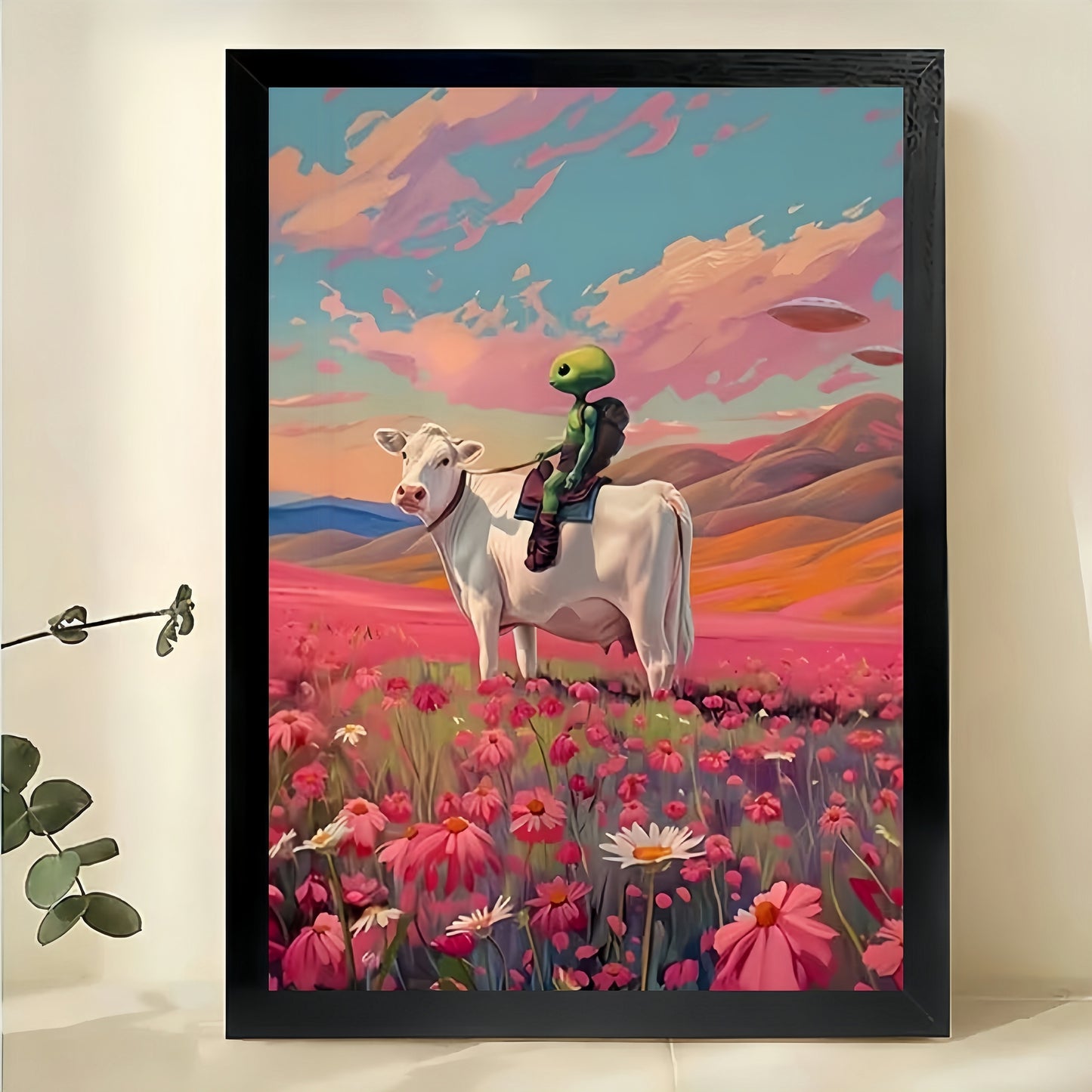 The Flower Field Rider – Whimsical Pastoral Wall Art on Natural Wood Canvas | W623