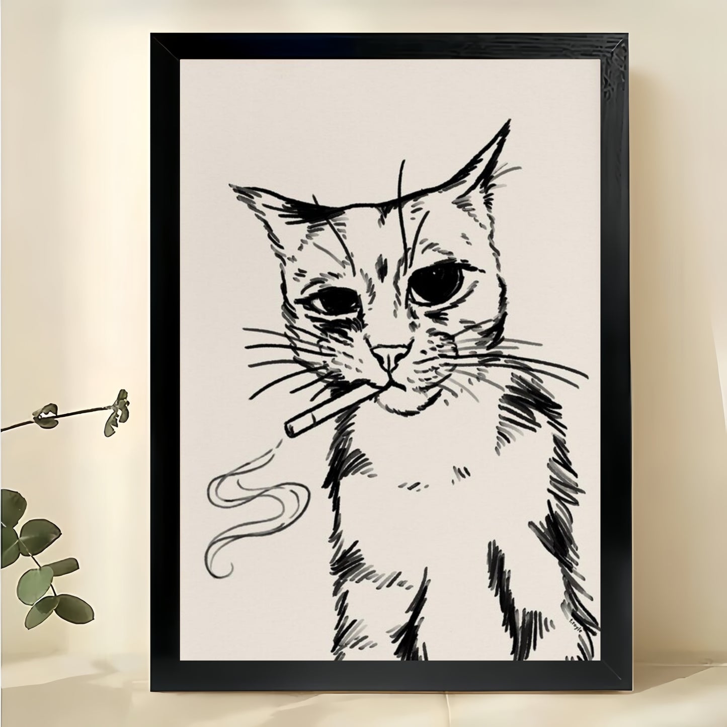 Black Cat with Yarn Minimalist Line Art – Playful Pet Wall Art on Natural Wood Canvas | W834