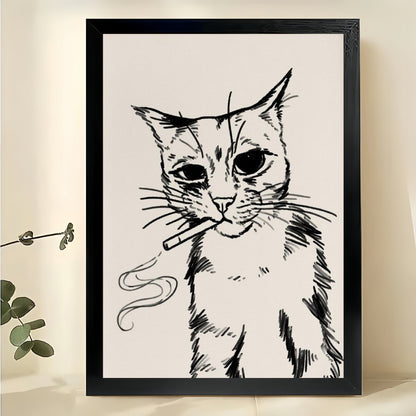 Black Cat with Yarn Minimalist Line Art – Playful Pet Wall Art on Natural Wood Canvas | W834