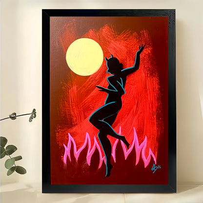 The Moonlit Dancer Silhouette – Retro Artistic Wall Art on Natural Wood Canvas | W678