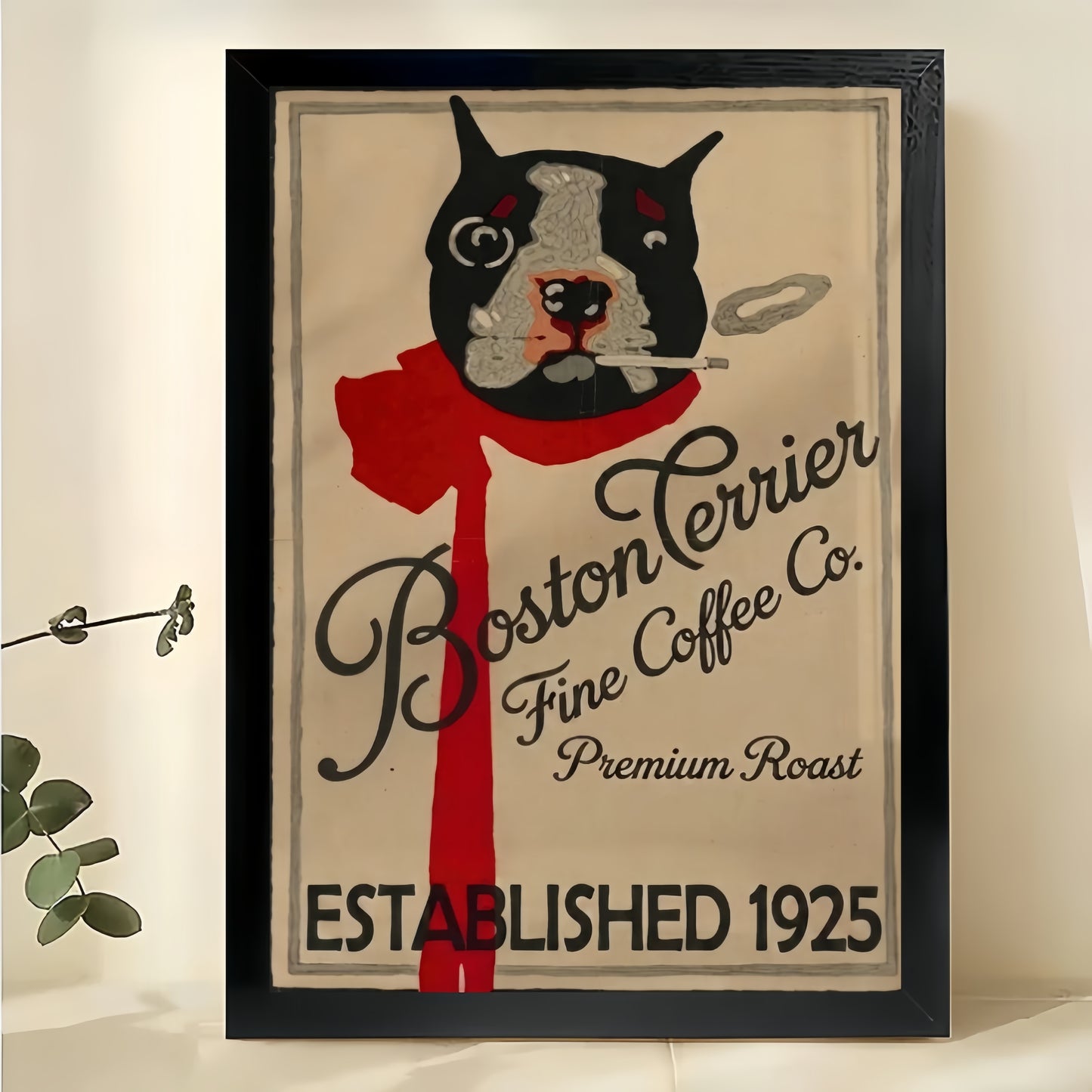 Vintage Boston Terrier Coffee Co Wall Art – Retro Dog Coffee Advertisement Framed Print | W2304