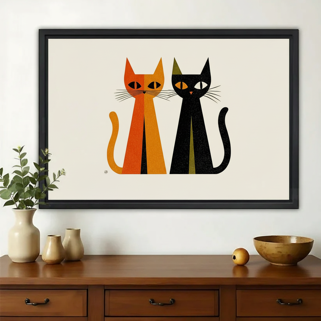 Minimalist Orange & Black Cat Duo – Bold Geometric Wall Art on Natural Wood Canvas | W735