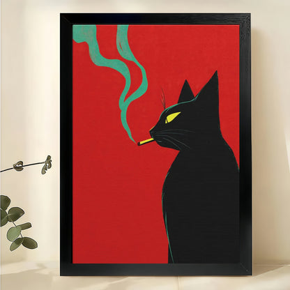 Smoking Black Cat – Retro Edgy Cat Wall Art on Natural Wood Canvas | W2072