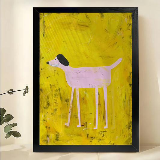 Pink Dog on Yellow Background Wall Art – Minimalist Folk Art Dog Canvas Print on Natural Wood Frame | W2428