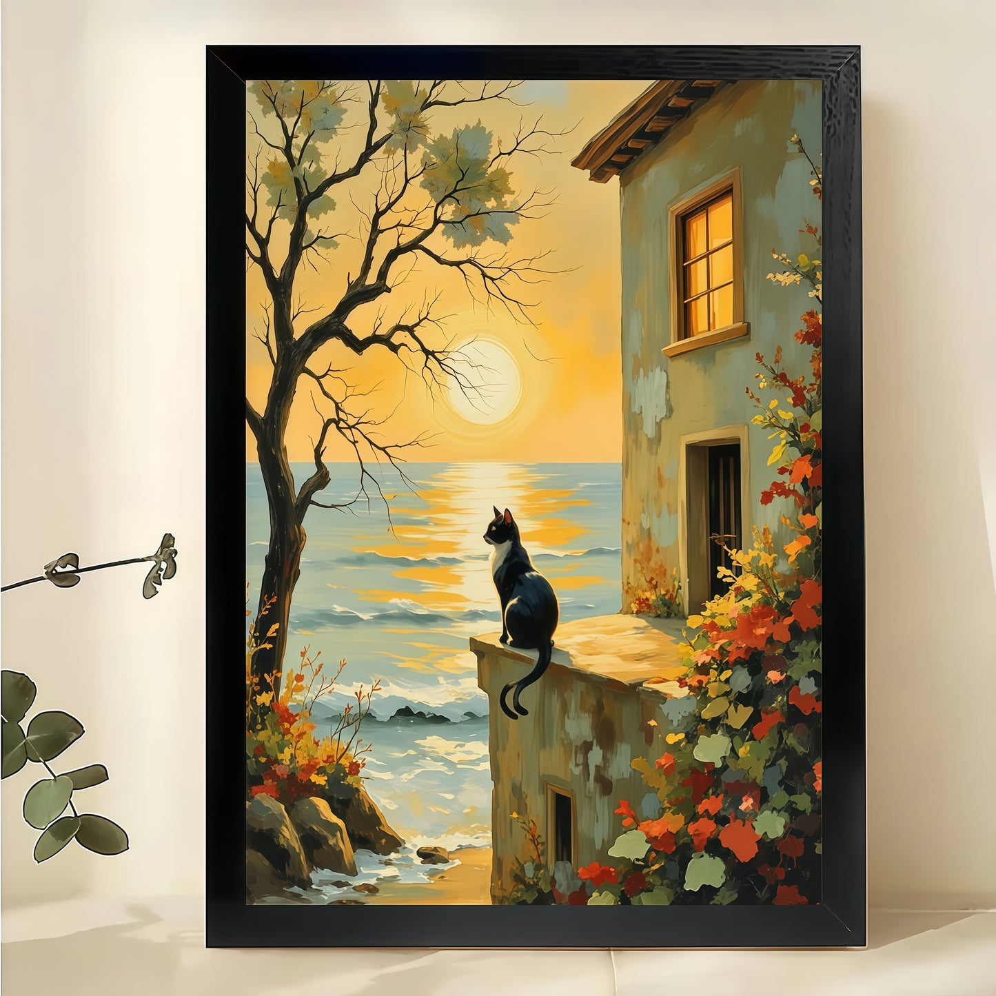 Black Black Cat at Sunset Coast – Serene Coastal Landscape Wall Art on Natural Wood Canvas | W2003