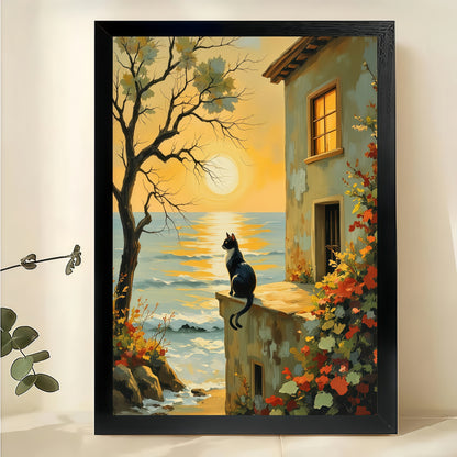 Black Black Cat at Sunset Coast – Serene Coastal Landscape Wall Art on Natural Wood Canvas | W2003