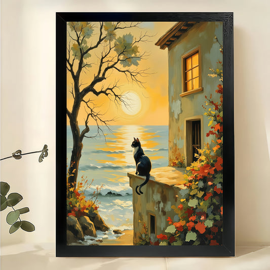 Black Black Cat at Sunset Coast – Serene Coastal Landscape Wall Art on Natural Wood Canvas | W2003