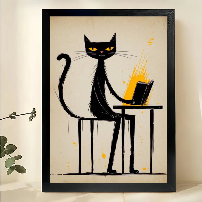 Black Cat Working on Laptop – Minimalist Office Cat Wall Art on Natural Wood Canvas | W2056