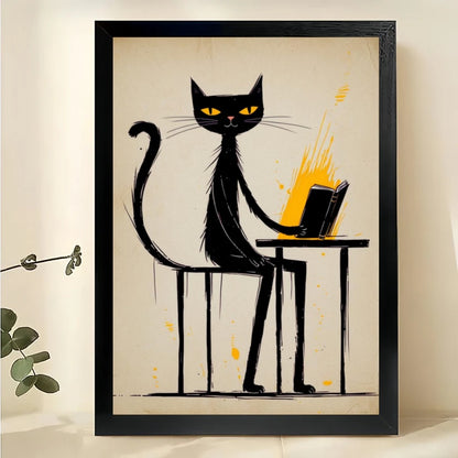 Black Cat Working on Laptop – Minimalist Office Cat Wall Art on Natural Wood Canvas | W2056