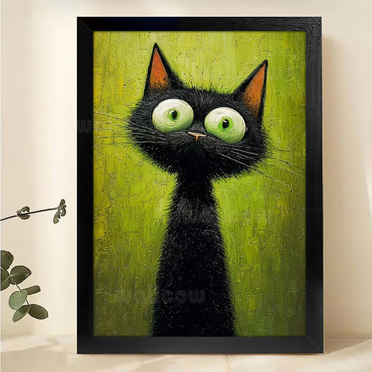 The Big-Eyed Black Cat – Cute Cartoon Wall Art on Natural Wood Canvas | W671