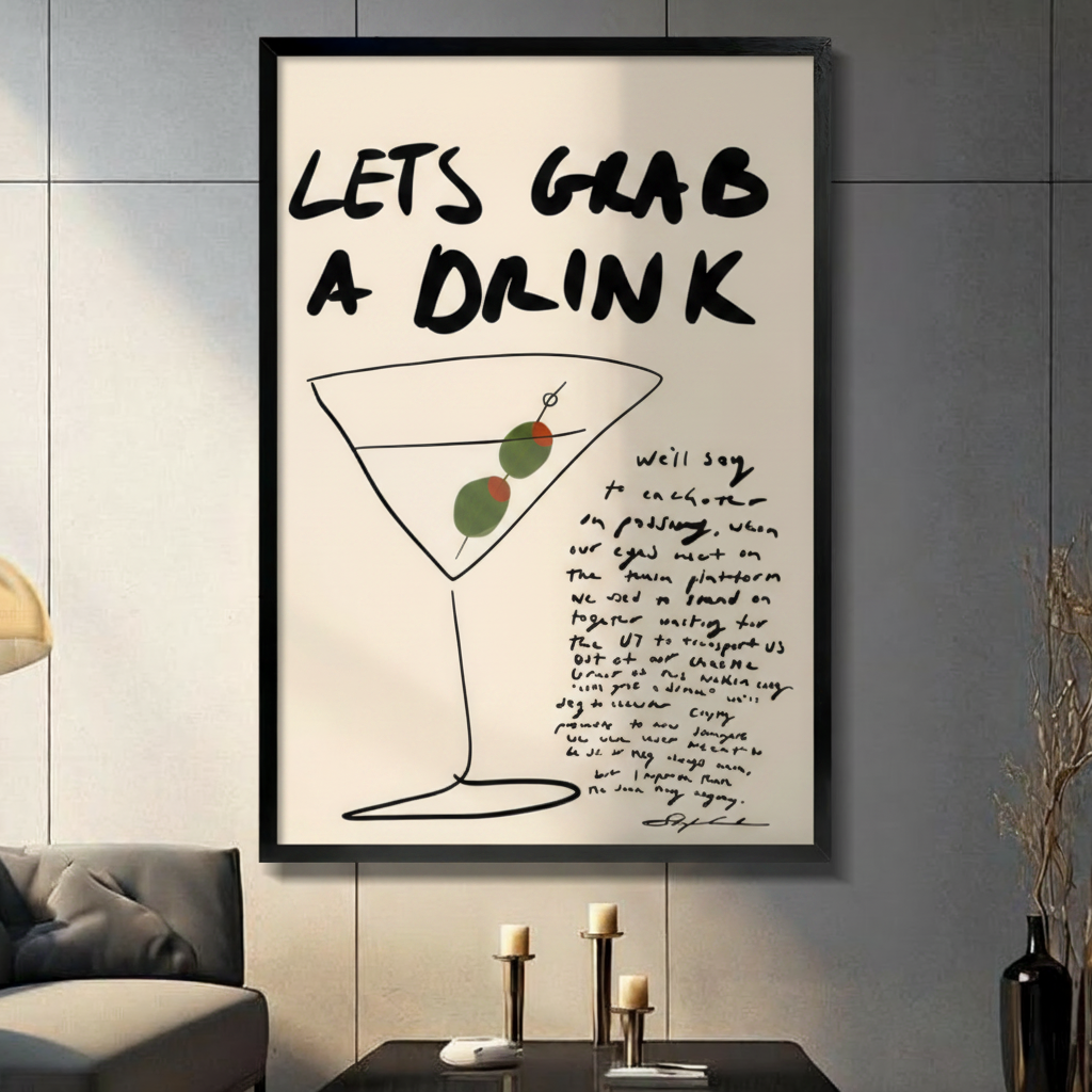 Let's Grab a Drink cocktail canvas wall art – bold minimalist line art print for home bar decor