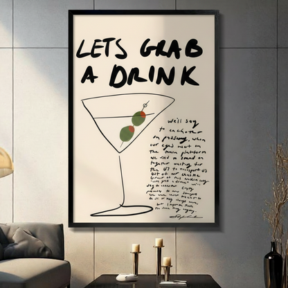Let's Grab a Drink cocktail canvas wall art – bold minimalist line art print for home bar decor