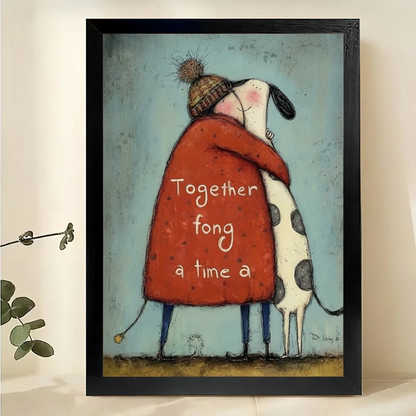 "Together For A Long Time" Dog Hug Wall Art – Sweet Folk Art Canvas Print on Natural Wood Frame | W2403