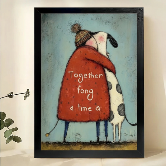"Together For A Long Time" Dog Hug Wall Art – Sweet Folk Art Canvas Print on Natural Wood Frame | W2403