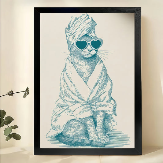 Spa Cat in Robe – Whimsical Cat Self-Care Wall Art on Natural Wood Canvas | W2041
