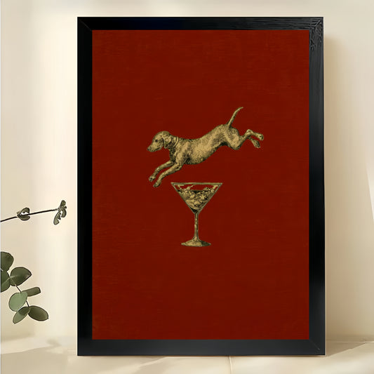 Dog Jumping Over Martini – Whimsical Retro Bar Dog Wall Art on Natural Wood Canvas | W2033