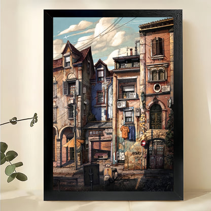 The Vintage European Streetscape – Nostalgic Urban Wall Art on Natural Wood Canvas | W658