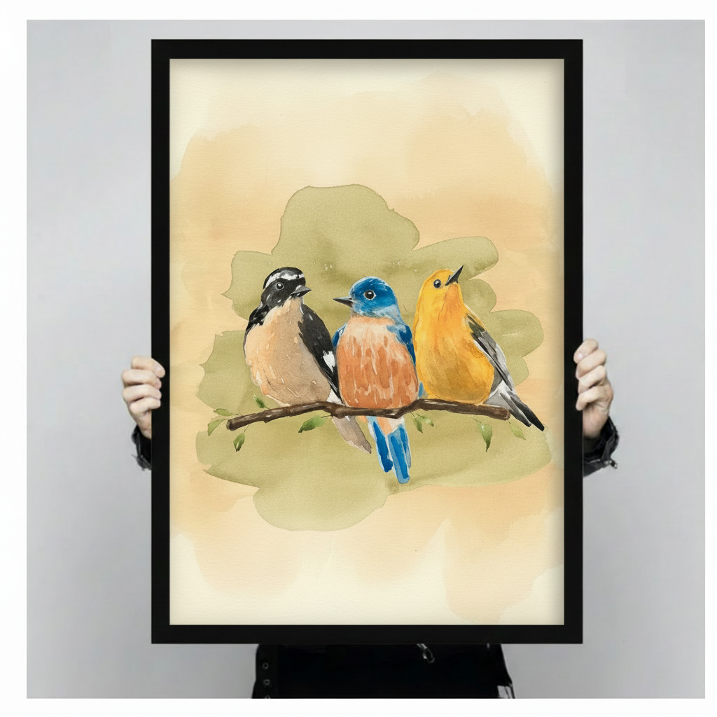 Fresh watercolor painting art print of three small birds sitting on a thin branch showing a black-capped chickadee with white cheek and buff brown belly a vivid blue eastern bluebird with cobalt head bright blue wings and rusty orange chest and a bold golden yellow finch with gray wing accents in a loose natural watercolor style with warm cream and soft muted green watercolor cloud washes as background and delicate small green leaves on the branch nature bird trio wall art framed print held up for size refe