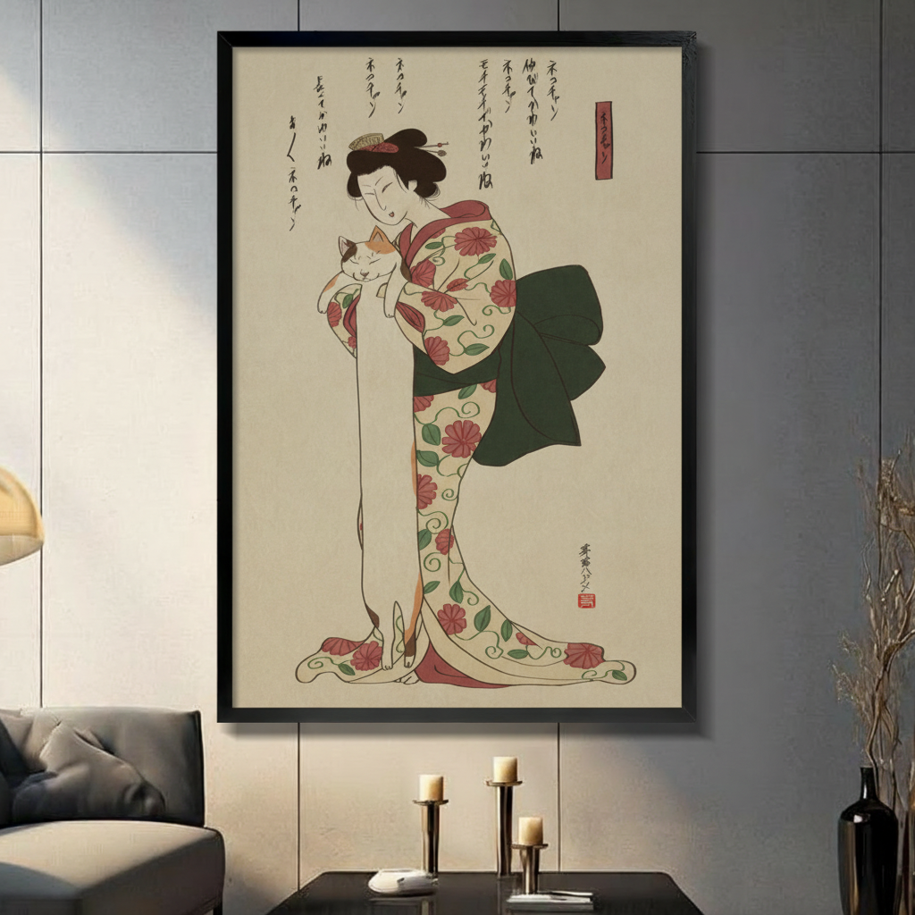 Japanese Ukiyo-e Woman Cat Canvas Art w6607