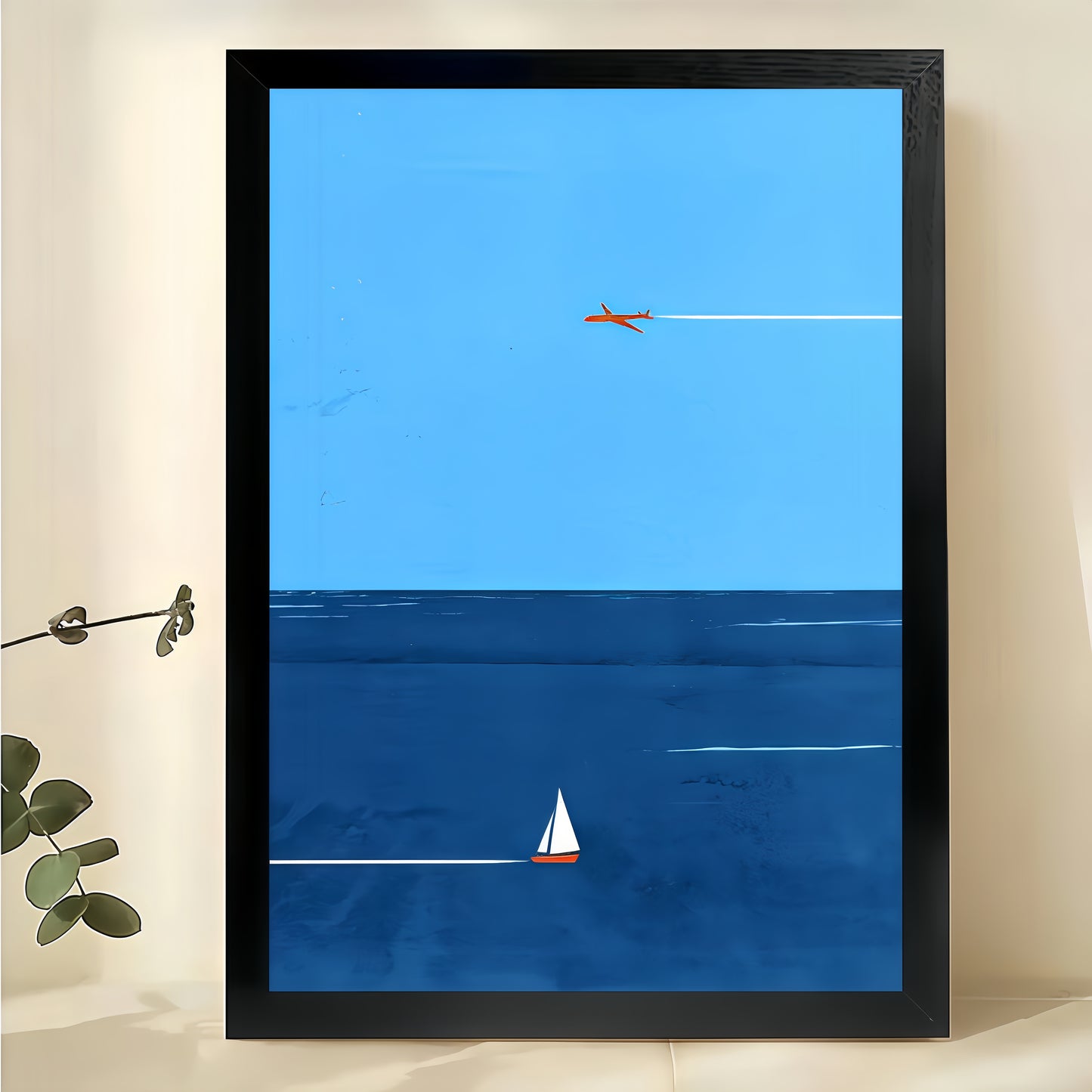 Minimalist Ocean, Sailboat  Airplane – Calm Coastal Wall Art on Natural Wood Canvas | W692