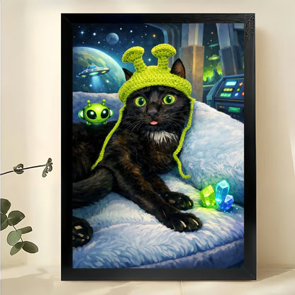 Alien-Themed Black Cat – Sci-Fi Whimsical Wall Art on Natural Wood Canvas | W699