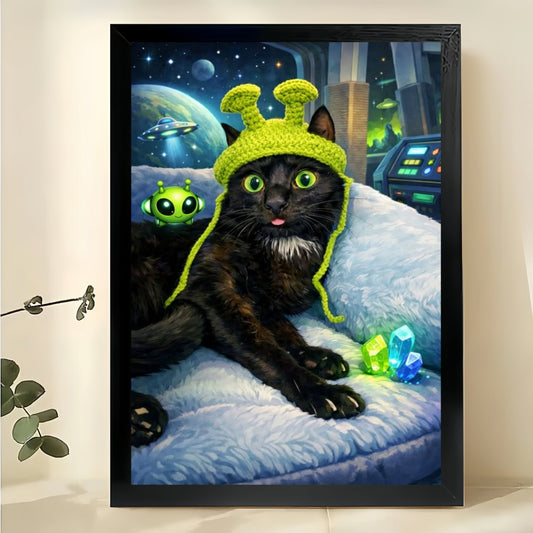 Alien-Themed Black Cat – Sci-Fi Whimsical Wall Art on Natural Wood Canvas | W699