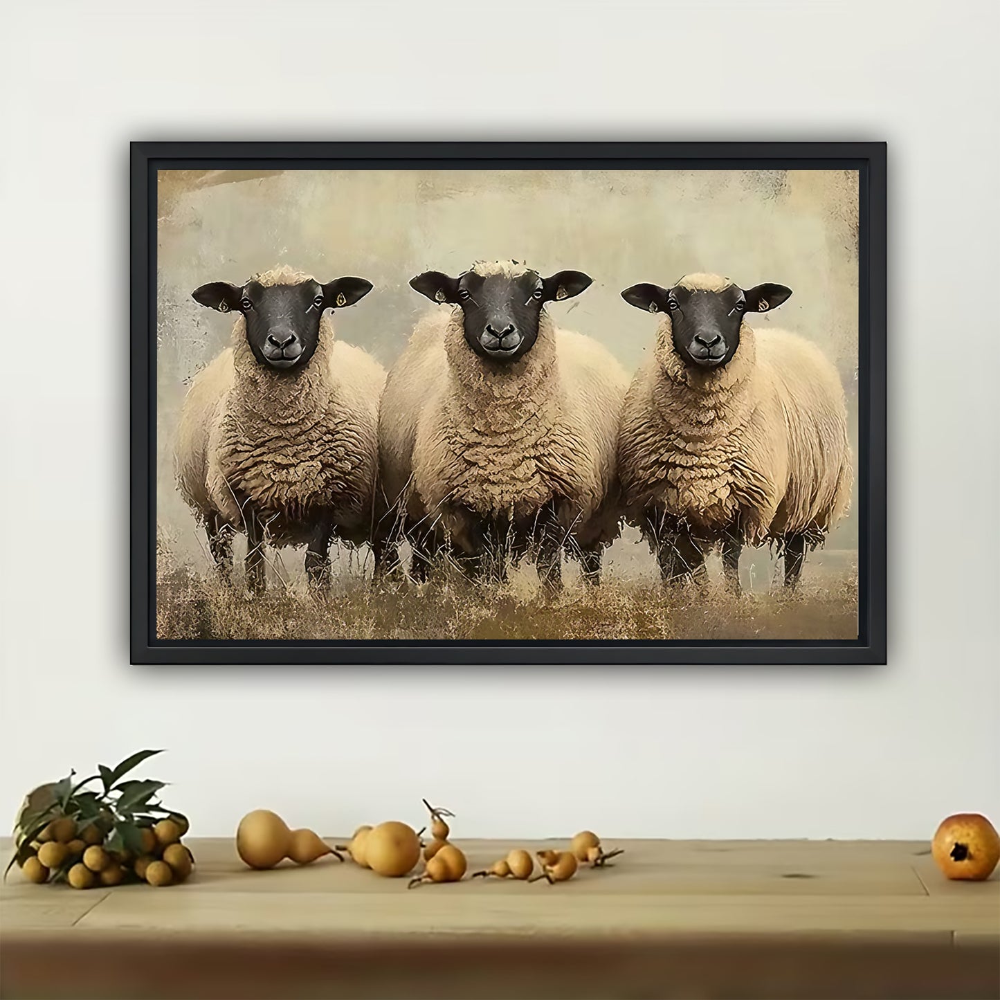 Three Flock Sheep – Countryside Farm Animal Wall Art on Natural Wood Canvas | W508