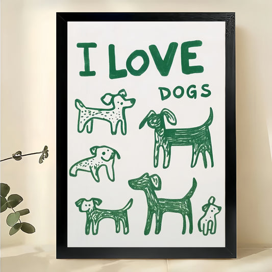 I Love Dogs Retro Dog Silhouettes – Whimsical Dog Wall Art on Natural Wood Canvas | W949