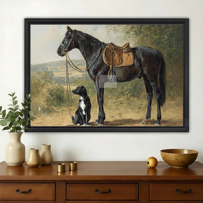 Black Horse with Puppy in Pasture – Heartwarming Countryside Wall Art on Natural Wood Canvas | W825