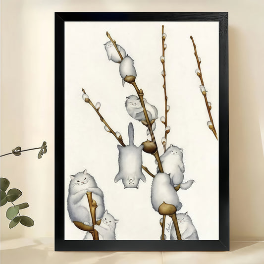 Fluffy White Cats on Willow Branches – Whimsical Cat Wall Art on Natural Wood Canvas | W903