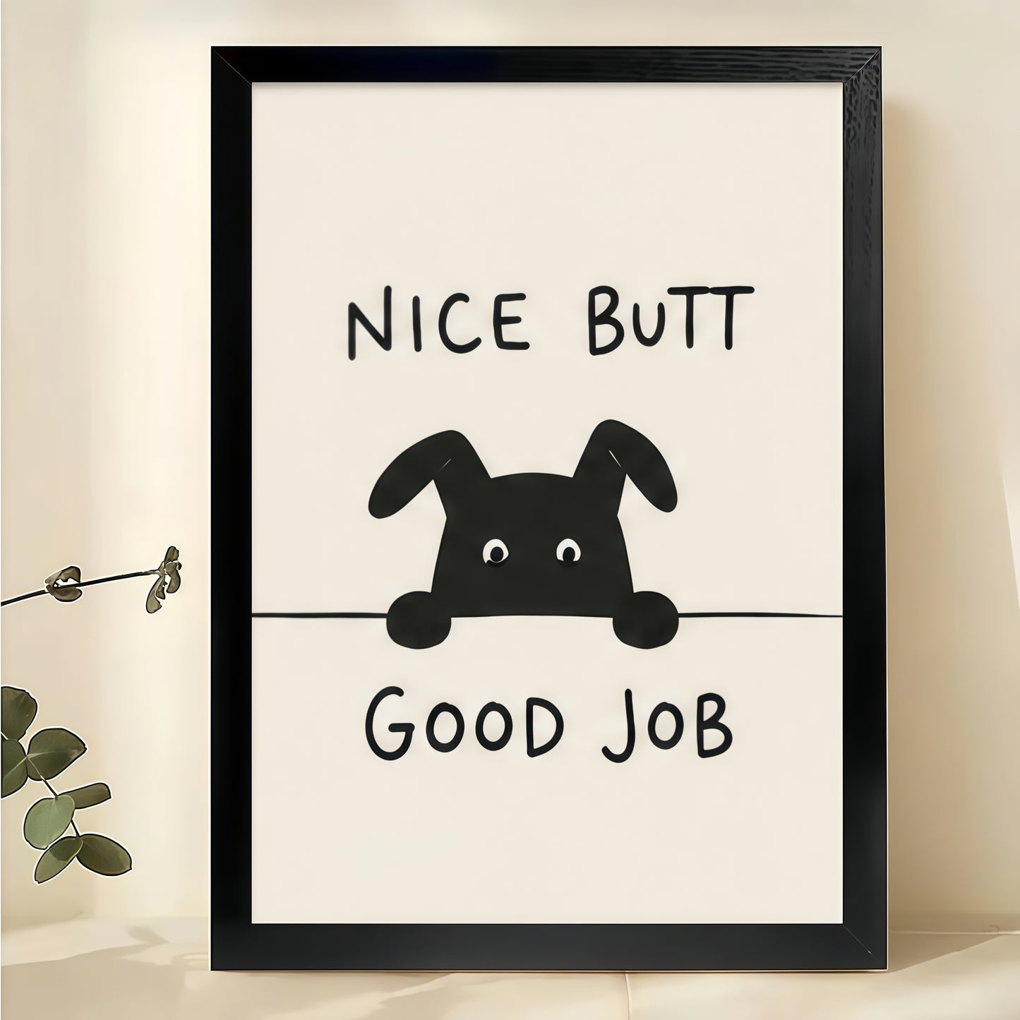 Funny Dog Bathroom Sign Wall Art – "Nice Butt Good Job" Dog Canvas Print on Black Wood Frame | W2260