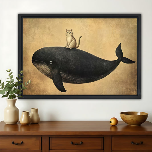 The Minimalist Floating Black Whale – Calm Modern Wall Art on Natural Wood Canvas | W645
