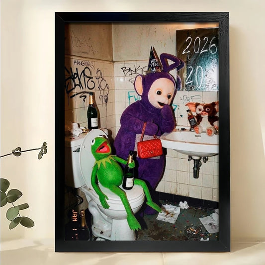 Kermit & Teletubby on Toilet – Humorous Pop Culture Parody Wall Art on Natural Wood Canvas | W843