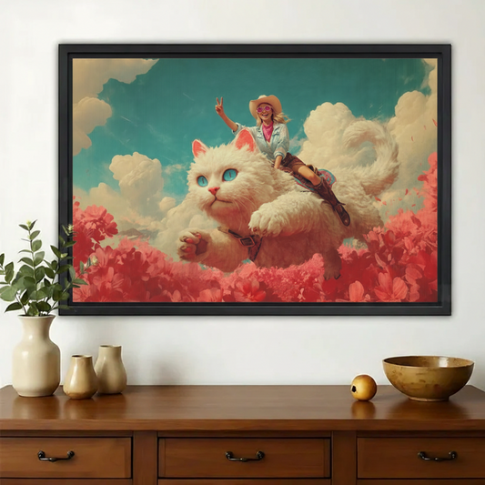 Cowgirl Riding Giant Fluffy Cat Wall Art – Whimsical Surreal Cat Canvas Print on Natural Wood Frame | W2234